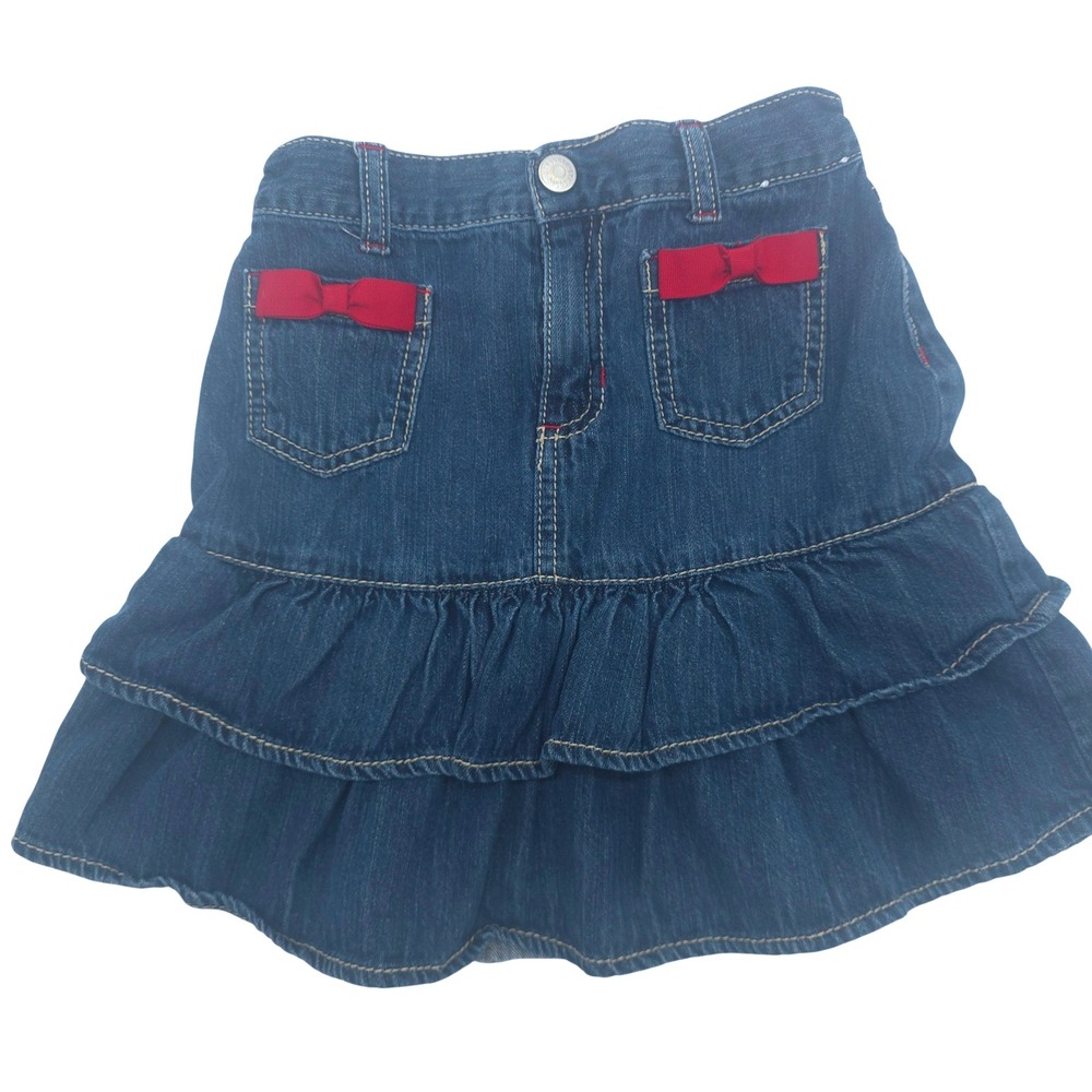 Gymboree Girls Denim Tiered Ruffle Skirt Red Bows 2010 Vintage Size 8